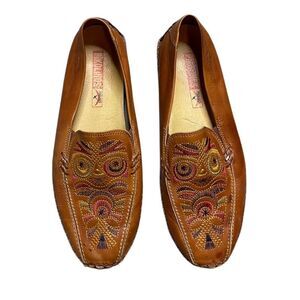 PIKOLINOS Brown Leather Slip-On Loafers with Intricate Embroidery Size 38